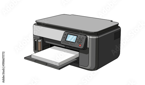 Detailed illustration of a modern inkjet printer with paper.