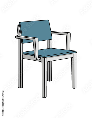 Illustration of a blue upholstered chair with armrests and a gray frame.
