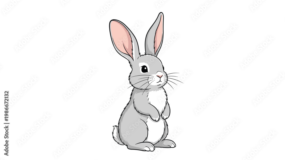 Fototapeta premium Gentle grey rabbit standing on its back legs and looking around with curious eyes on a plain white background.