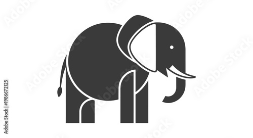 Stylized black and white elephant illustration on a clean white background