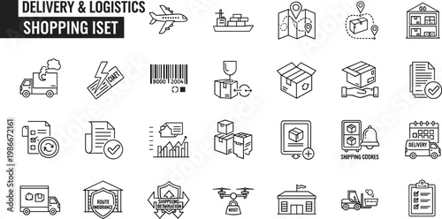 Delivery logistics shopping line icons set shipping warehouse transport tracking barcode drone cargo ecommerce outline vector collection