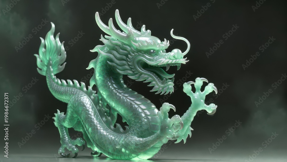 Fototapeta premium Ethereal Green Dragon Sculpture in Mystical Background