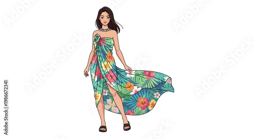 Floral dress, woman illustration, colorful fashion, tropical print