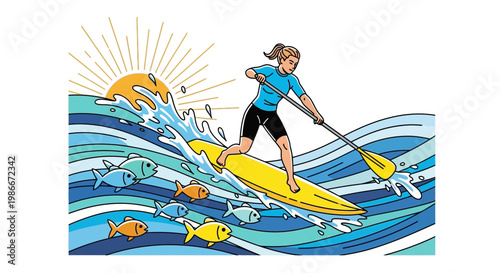 Surfing woman, paddleboard, ocean waves, colorful illustration, recreational sports