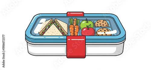 Healthy Lunchbox with Sandwich Carrots Apple Tomato and Cookies.