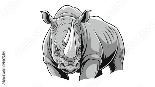 Powerful grey rhinoceros stands in a front-facing perspective showcasing its large horns and muscular build in a strong illustration.
