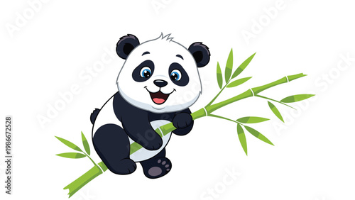 Cute baby panda bear with black and white fur climbs on a green bamboo branch in a sweet and peaceful nature illustration.