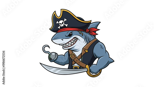 Tough pirate shark character wearing a captain hat and carrying a sword and hook stands ready for a high seas ocean adventure.