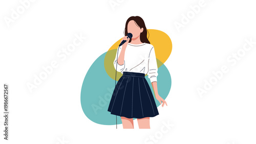 Young woman with brown hair sings into a microphone while standing in front of abstract colorful shapes in a modern illustration.