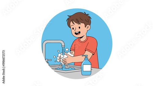 Responsible young boy wearing a red t-shirt washes his hands thoroughly with soap at a kitchen sink to maintain good hygiene.