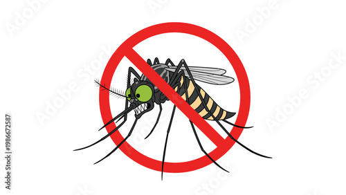 Menacing mosquito insect with green eyes is placed behind a red prohibited symbol representing pest control and health safety.