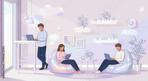 People working and reading in a modern co-working space.