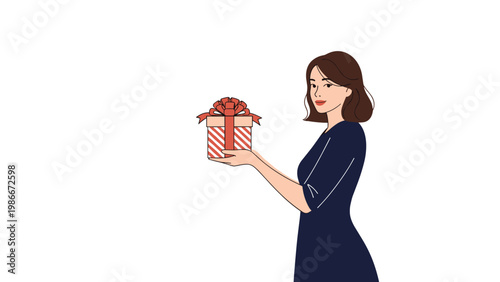 Elegant young woman with short brown hair holds out a striped gift box with a red bow as a kind offering or surprise.