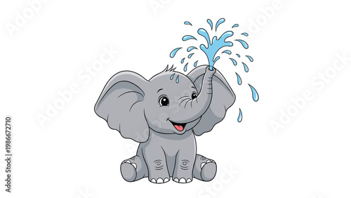 Adorable baby elephant character happily sprays water from its trunk while sitting on a clean white background.