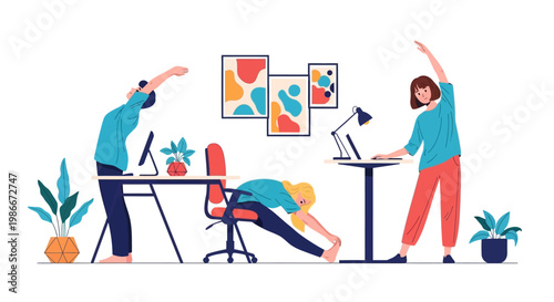 Office workers stretching and exercising at their desks.