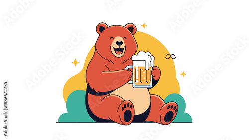 Contented brown bear character sits comfortably on a colorful background while holding a large mug of foaming beer.
