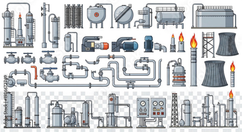 Detailed Chemical Plant Equipment and Piping System Illustration.