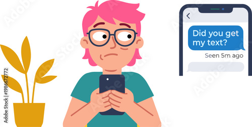 Person holding phone looks worried next to plant with concerned expression indoors