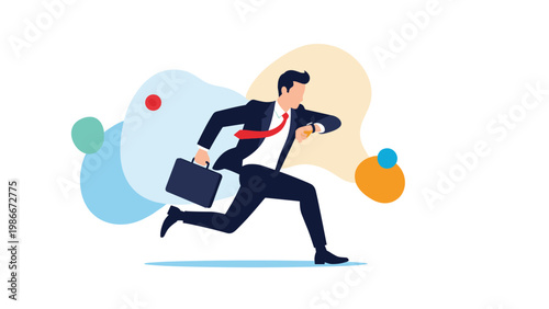 Focused businessman in a suit and red tie runs quickly while checking his wristwatch against a colorful background.