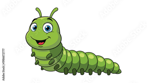 Happy green caterpillar character with large blue eyes and a friendly smile crawls along on a white background.