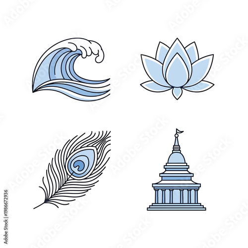 Set of four cultural symbols including wave lotus peacock feather and temple.