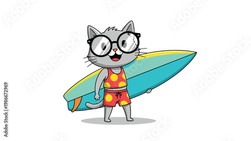 Cool cat character wearing a swimsuit and black glasses stands on the beach holding a colorful blue surfboard.