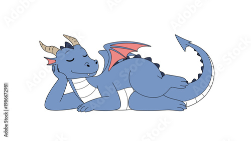 Friendly blue dragon character lying on the ground with its eyes closed resting peacefully against a white background.
