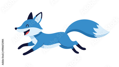 Cheerful blue fox character running swiftly through the air with a bushy tail and a wide smile on a white background.