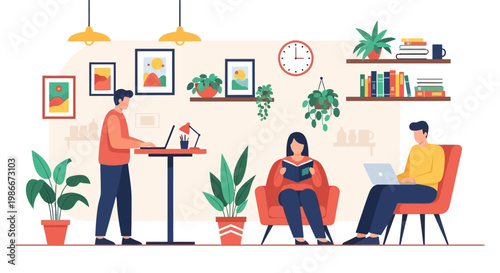 People working and reading in a modern coworking space.