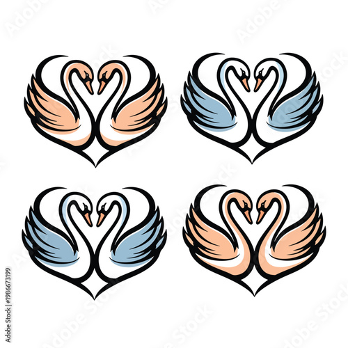 Set of four elegant swan heart logos in pastel colors.