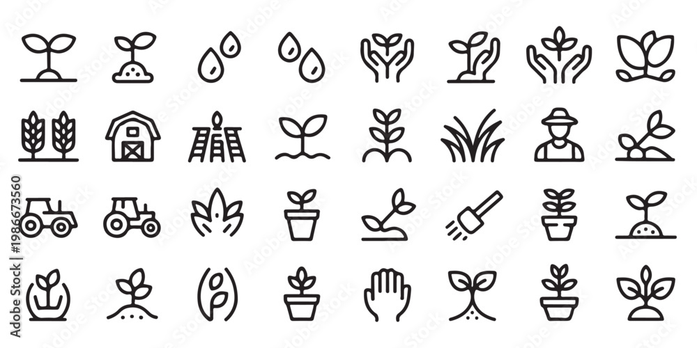 Fototapeta premium Comprehensive Farming and Gardening Line Icon Collection for Agricultural Design
