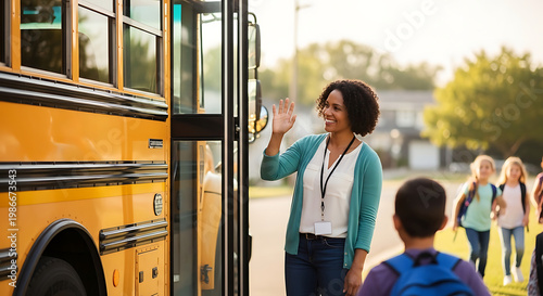 A woman greeting a child in front of a school bus