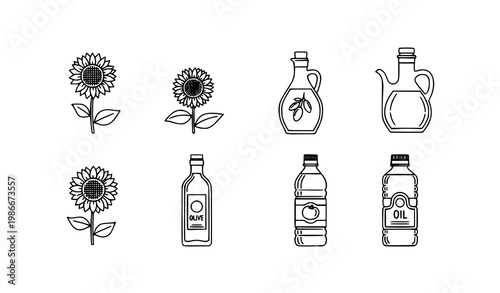A set of vector icons depicting sunflowers and oil bottles in a minimalist line art style