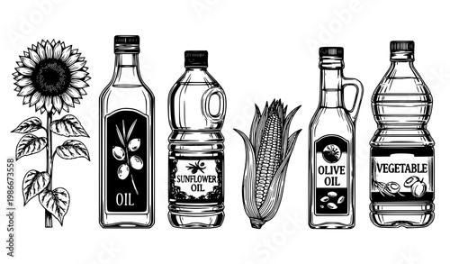 A black and white vector illustration of various oil bottles and ingredients
