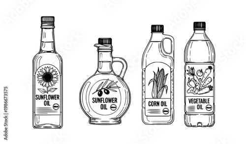 A vector graphic illustration of various cooking oil bottles and containers