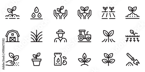 Tableau sur toile Agriculture and Farming Line Icon Set Featuring Barn, Tractor, and Seedlings