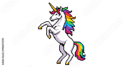 Majestic White Unicorn with Rainbow Mane and Tail.