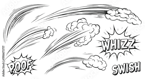 Comic speed lines and motion clouds vector set, hand drawn action effects with Whizz and Poof text, black and white manga movement elements