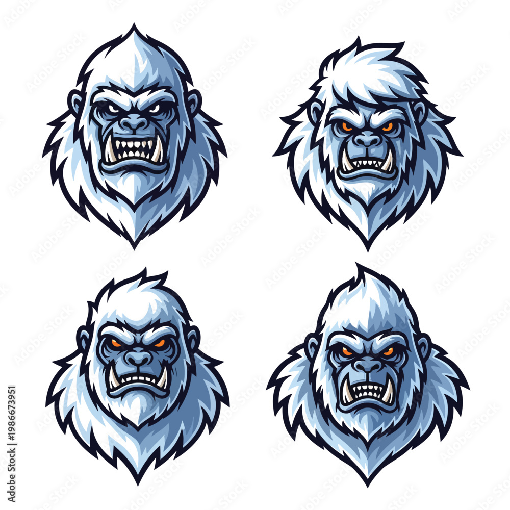 Fototapeta premium Set of Four Aggressive White Yeti Head Mascots.