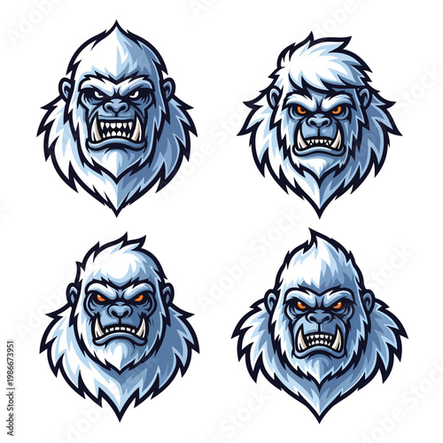 Set of Four Aggressive White Yeti Head Mascots.
