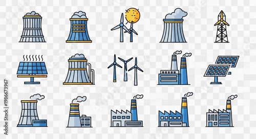 Diverse Energy Production Icons - Solar, Wind, Nuclear, and Industrial Power.