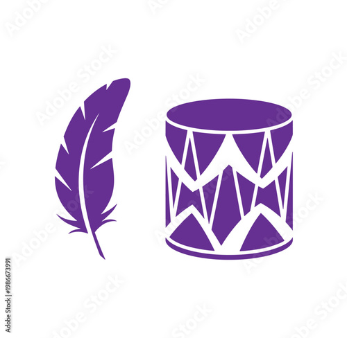 Purple feather and drum icon set on white background