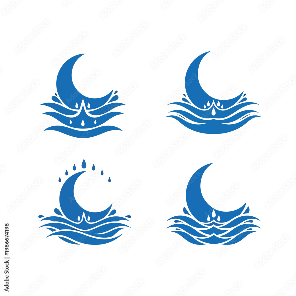 Naklejka premium Set of four blue moon and water wave logo designs.