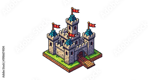 Isometric Medieval Castle Fortress with Flags and Drawbridge.