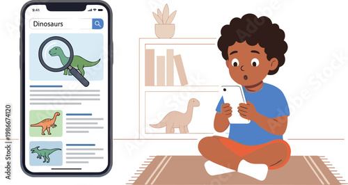 A child sits on the floor reading about dinosaurs on a smartphone.