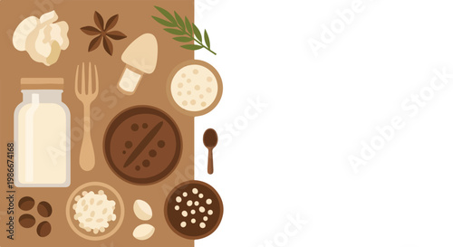 A flat vector illustration of organic food ingredients and kitchen tools aesthetically arranged on a brown and white background.