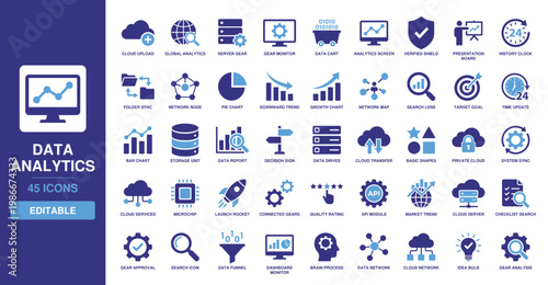 Data analytics icon set including solid glyph graphics for growth chart, pie chart, dashboard monitor, cloud report, target goal, system sync, market trend, and bar graph statistics.