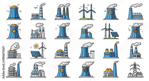 Collection of Industrial Power Plant Icons with Various Energy Sources.