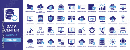 Data center icon set with solid glyph designs for server rack, cloud storage, network security, data analysis, database backup, system settings, firewall, and web hosting services.