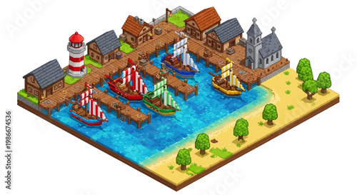 Isometric Medieval Port Village with Ships and Lighthouse.